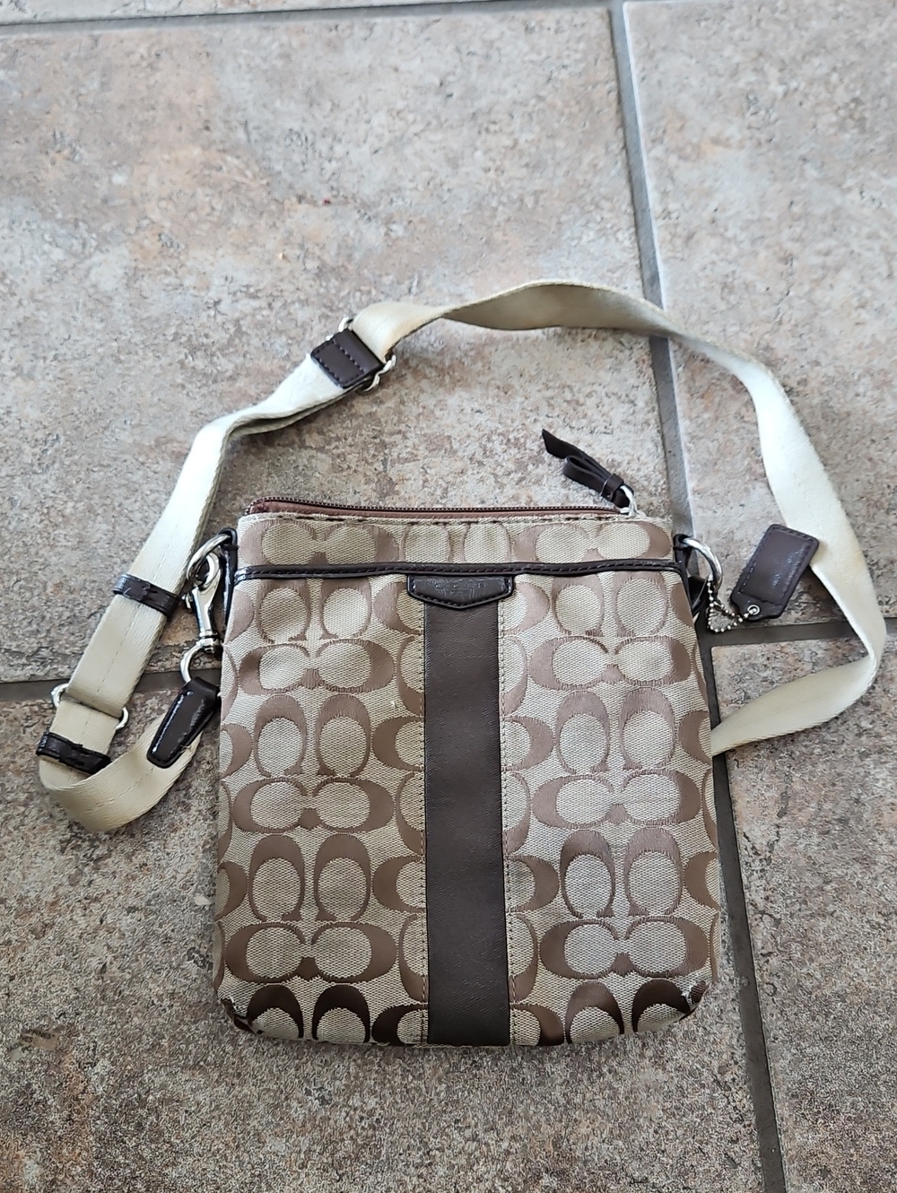 Coach Swingpack Crossbody Tan and Dark Brown Signature Crossbody Messenger
